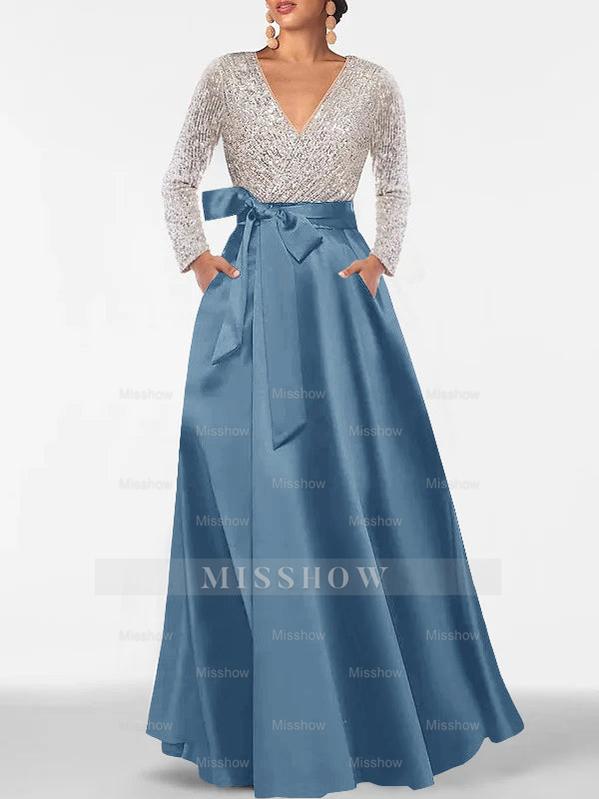 V-Neck A-Line Princess Floor-Length Mother of the Bride Dress with Long Sleeves Pocket and Sequins