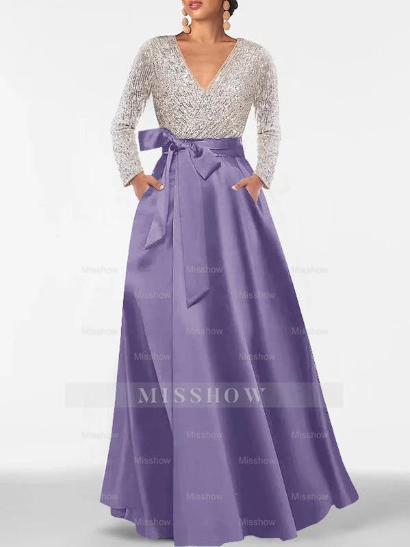 V-Neck A-Line Princess Floor-Length Mother of the Bride Dress with Long Sleeves Pocket and Sequins