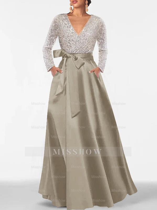 V-Neck A-Line Princess Floor-Length Mother of the Bride Dress with Long Sleeves Pocket and Sequins