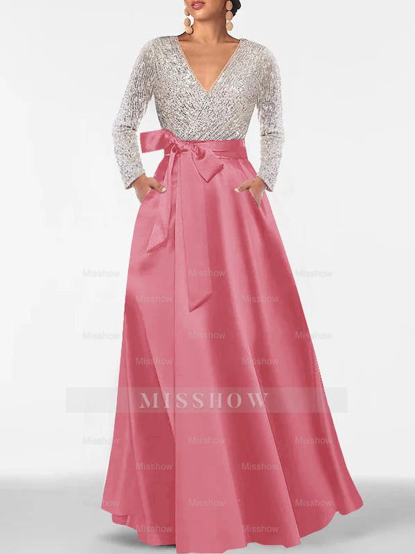 V-Neck A-Line Princess Floor-Length Mother of the Bride Dress with Long Sleeves Pocket and Sequins