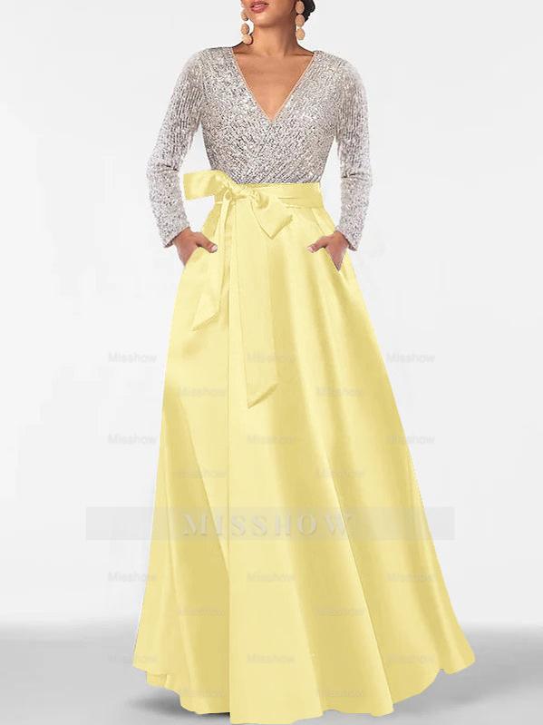 V-Neck A-Line Princess Floor-Length Mother of the Bride Dress with Long Sleeves Pocket and Sequins