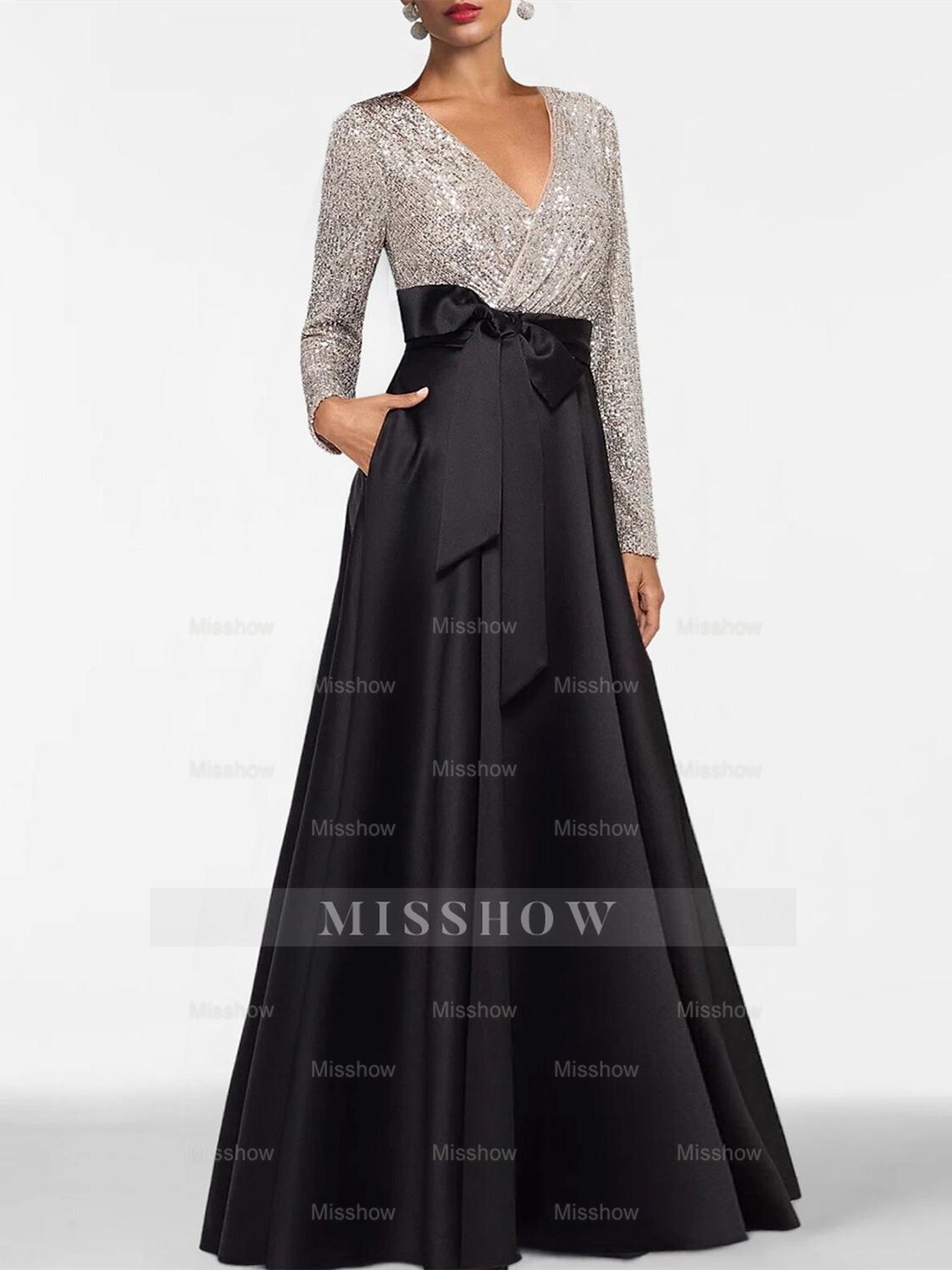 V-Neck A-Line Princess Floor-Length Mother of the Bride Dress with Long Sleeves Pocket and Sequins