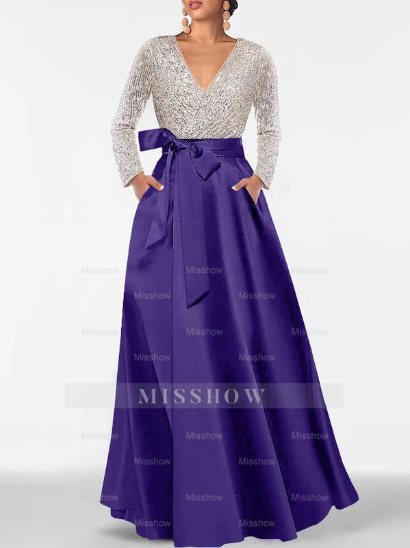 V-Neck A-Line Princess Floor-Length Mother of the Bride Dress with Long Sleeves Pocket and Sequins