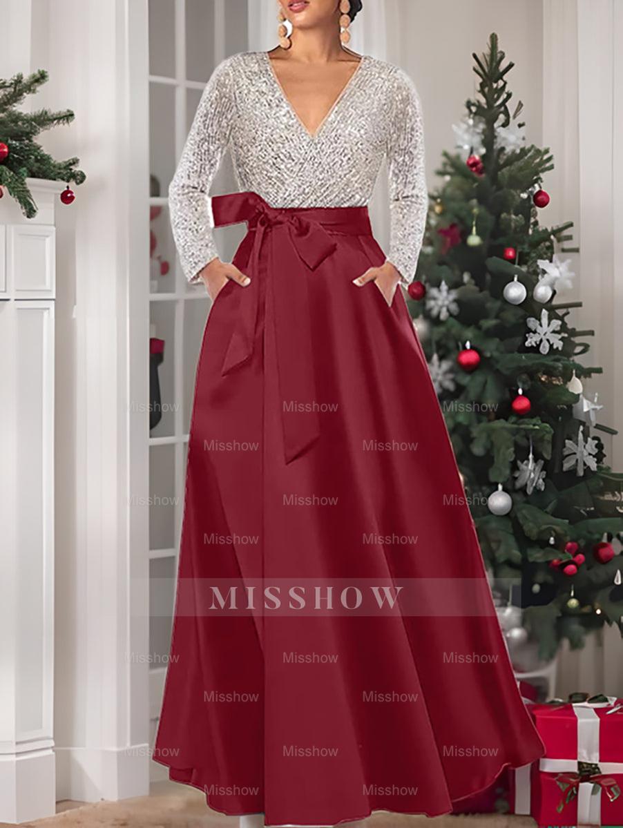 V-Neck A-Line Princess Floor-Length Mother of the Bride Dress with Long Sleeves Pocket and Sequins