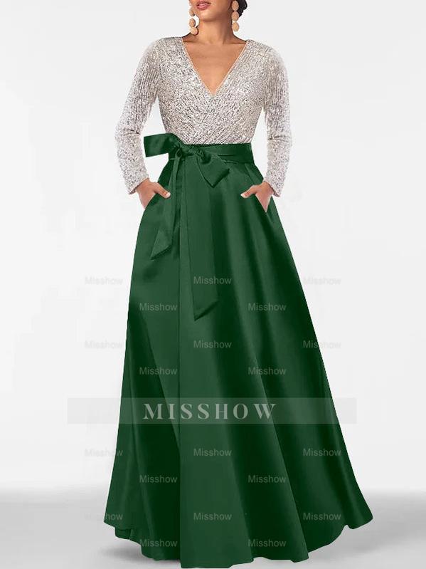 V-Neck A-Line Princess Floor-Length Mother of the Bride Dress with Long Sleeves Pocket and Sequins