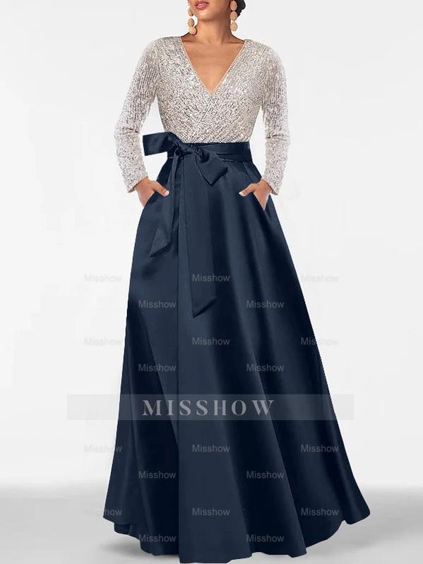 V-Neck A-Line Princess Floor-Length Mother of the Bride Dress with Long Sleeves Pocket and Sequins