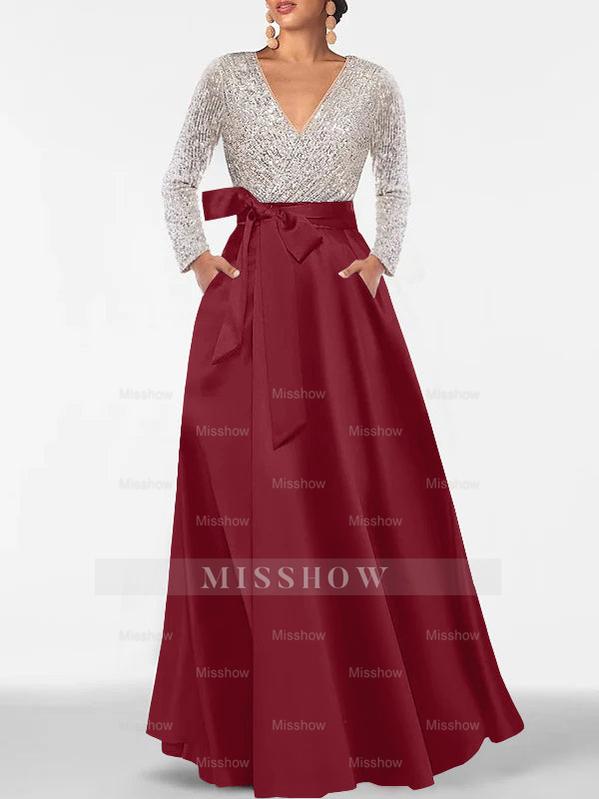 V-Neck A-Line Princess Floor-Length Mother of the Bride Dress with Long Sleeves Pocket and Sequins
