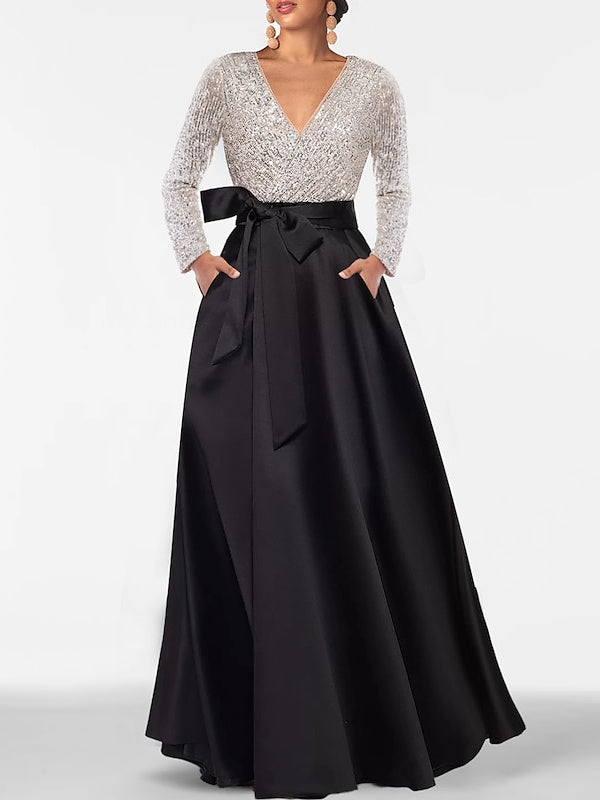 V-Neck A-Line Princess Floor-Length Mother of the Bride Dress with Long Sleeves Pocket and Sequins