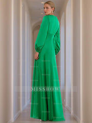 V-Neck A-Line Princess Floor-Length Mother of the Bride Dress with Long Sleeves and Ruffles