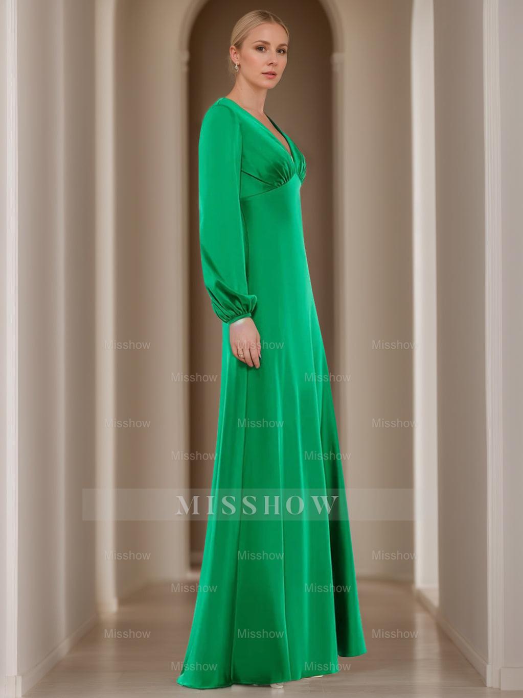 V-Neck A-Line Princess Floor-Length Mother of the Bride Dress with Long Sleeves and Ruffles