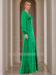V-Neck A-Line Princess Floor-Length Mother of the Bride Dress with Long Sleeves and Ruffles