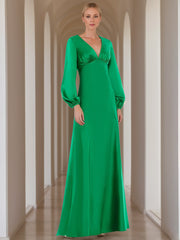 V-Neck A-Line Princess Floor-Length Mother of the Bride Dress with Long Sleeves and Ruffles