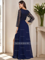 V-Neck A-Line Princess Floor-Length Mother of the Bride Dress with Long Sleeves and Split