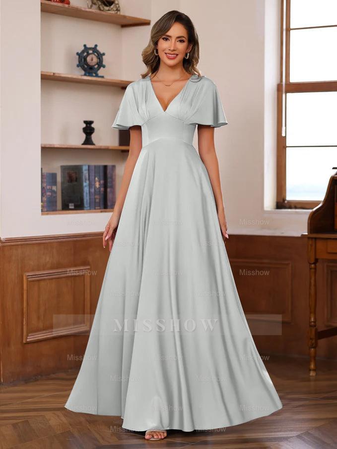 V-Neck A-Line Princess Floor-Length Mother of the Bride Dress with Short Sleeves and Ruffles