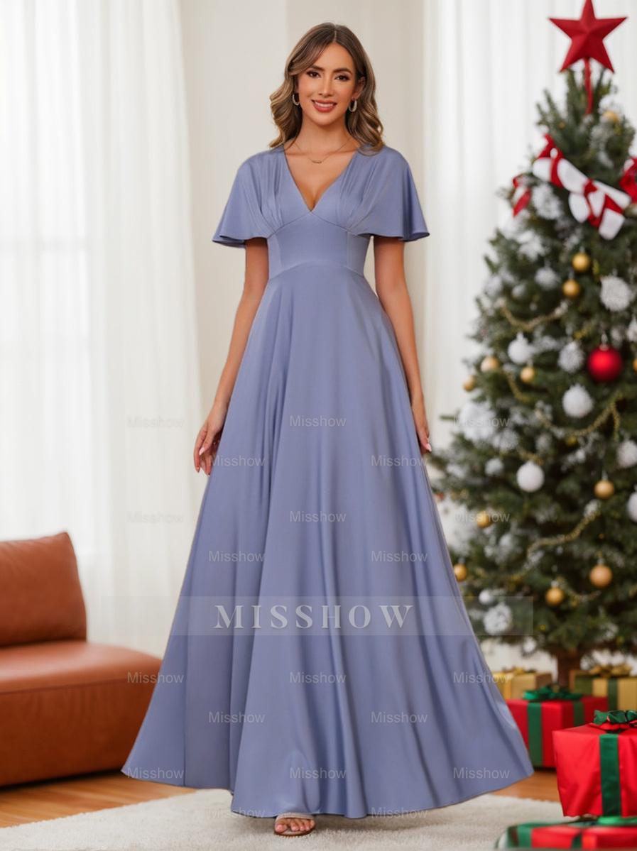 V-Neck A-Line Princess Floor-Length Mother of the Bride Dress with Short Sleeves and Ruffles