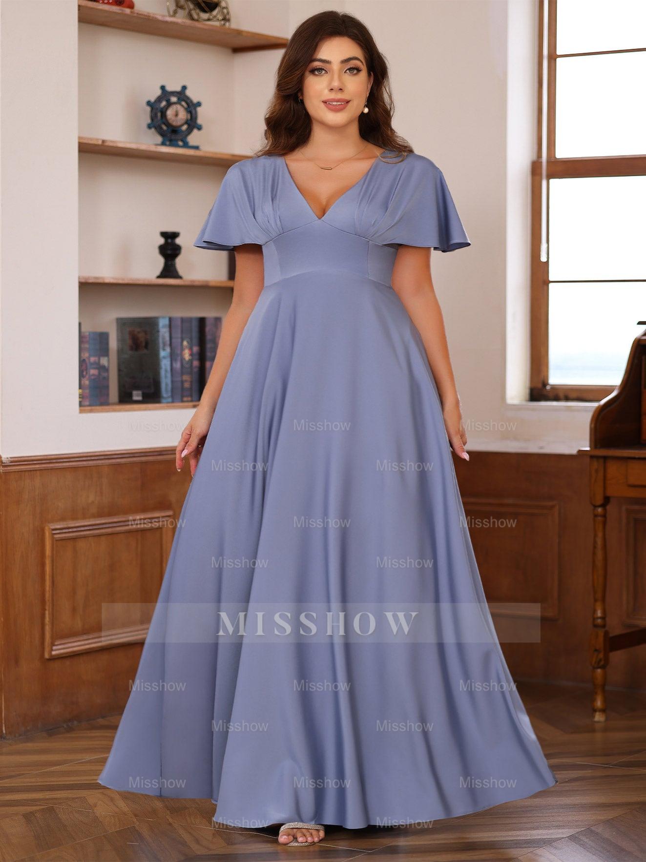 V-Neck A-Line Princess Floor-Length Mother of the Bride Dress with Short Sleeves and Ruffles