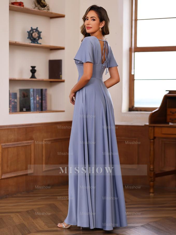V-Neck A-Line Princess Floor-Length Mother of the Bride Dress with Short Sleeves and Ruffles