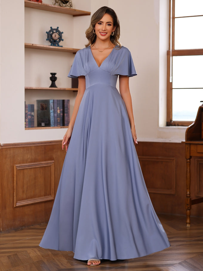 V-Neck A-Line Princess Floor-Length Mother of the Bride Dress with Short Sleeves and Ruffles