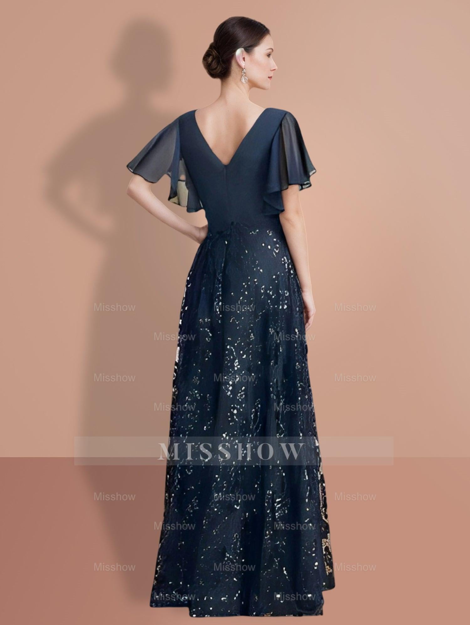V-Neck A-Line Princess Floor-Length Mother of the Bride Dress with Short Sleeves and Sequins