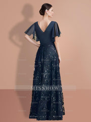 V-Neck A-Line Princess Floor-Length Mother of the Bride Dress with Short Sleeves and Sequins
