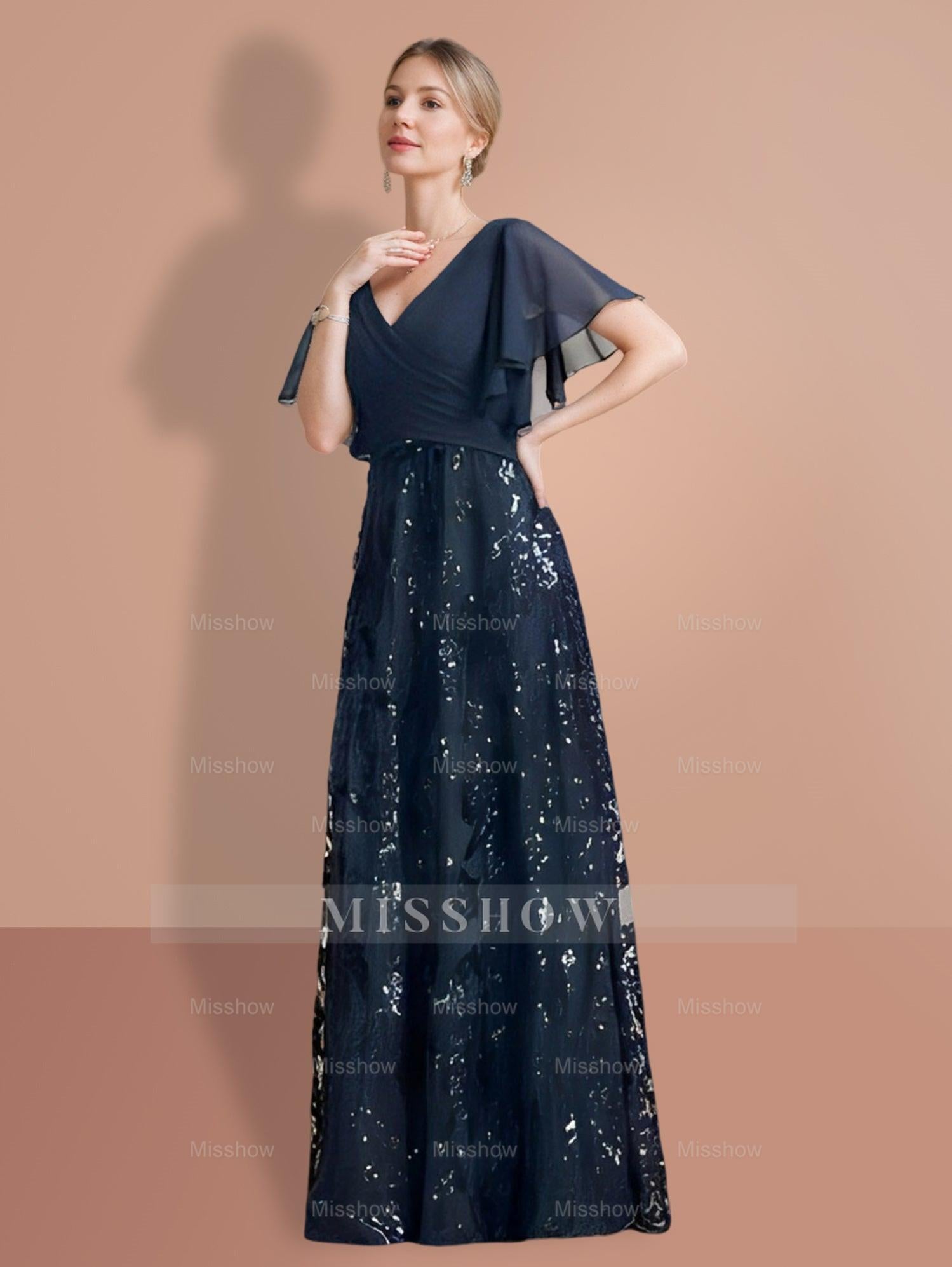 V-Neck A-Line Princess Floor-Length Mother of the Bride Dress with Short Sleeves and Sequins