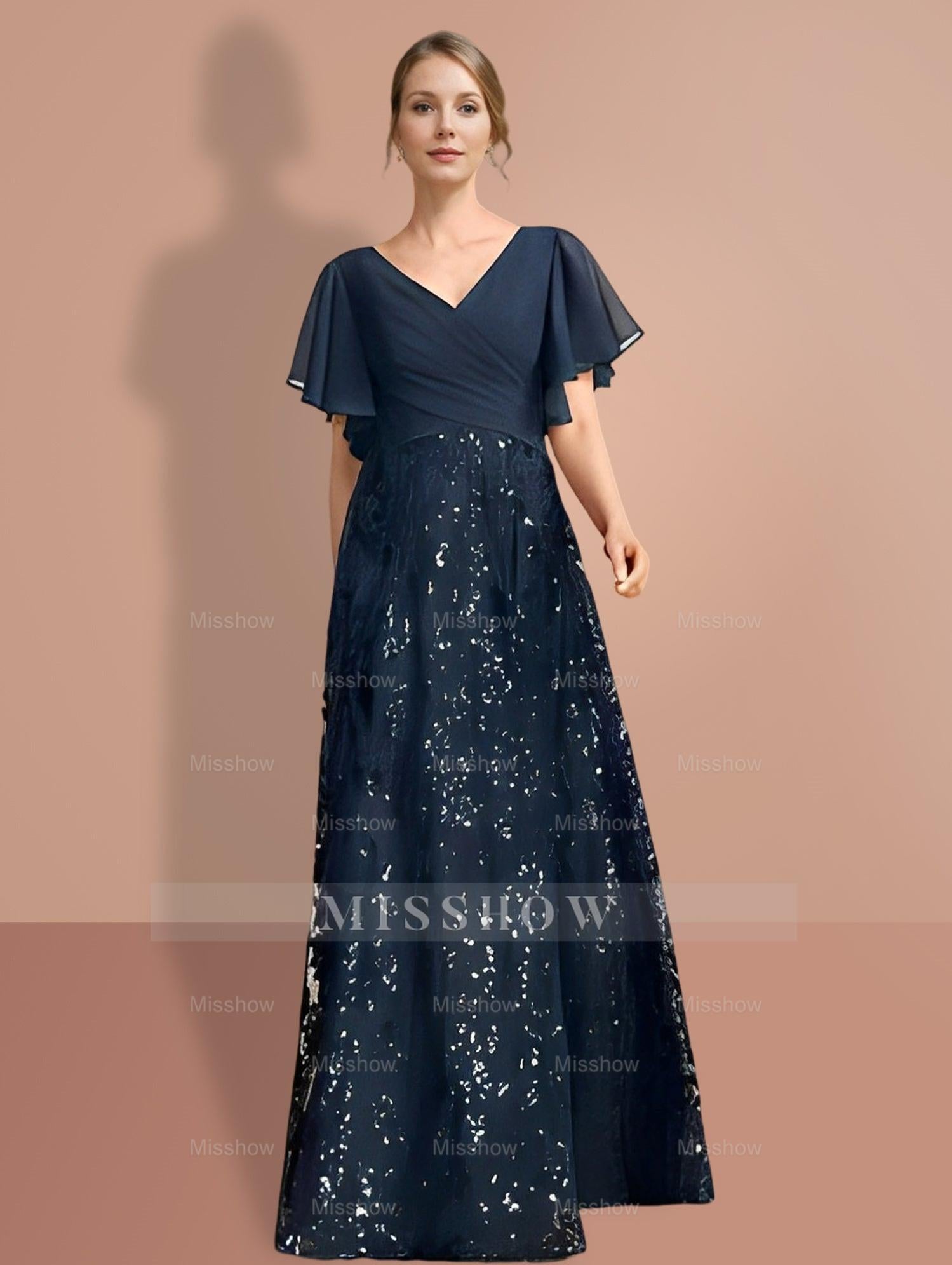 V-Neck A-Line Princess Floor-Length Mother of the Bride Dress with Short Sleeves and Sequins