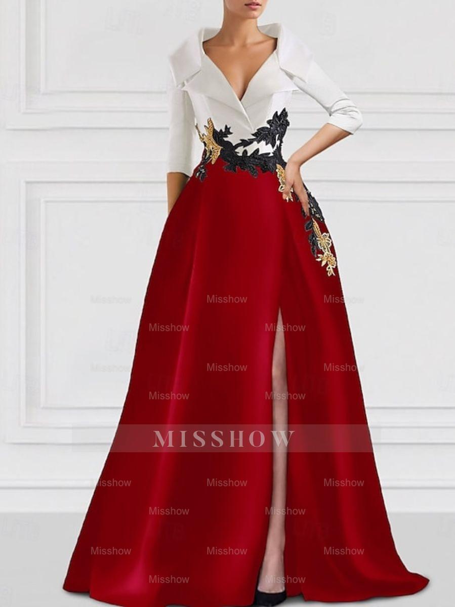 V-Neck A-Line Princess Floor-Length Mother of the Bride Dress with Side Split and Appliques