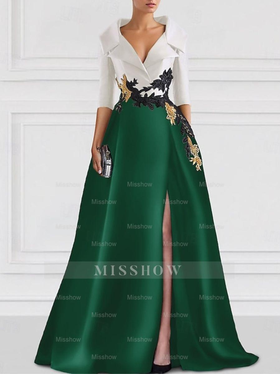 V-Neck A-Line Princess Floor-Length Mother of the Bride Dress with Side Split and Appliques