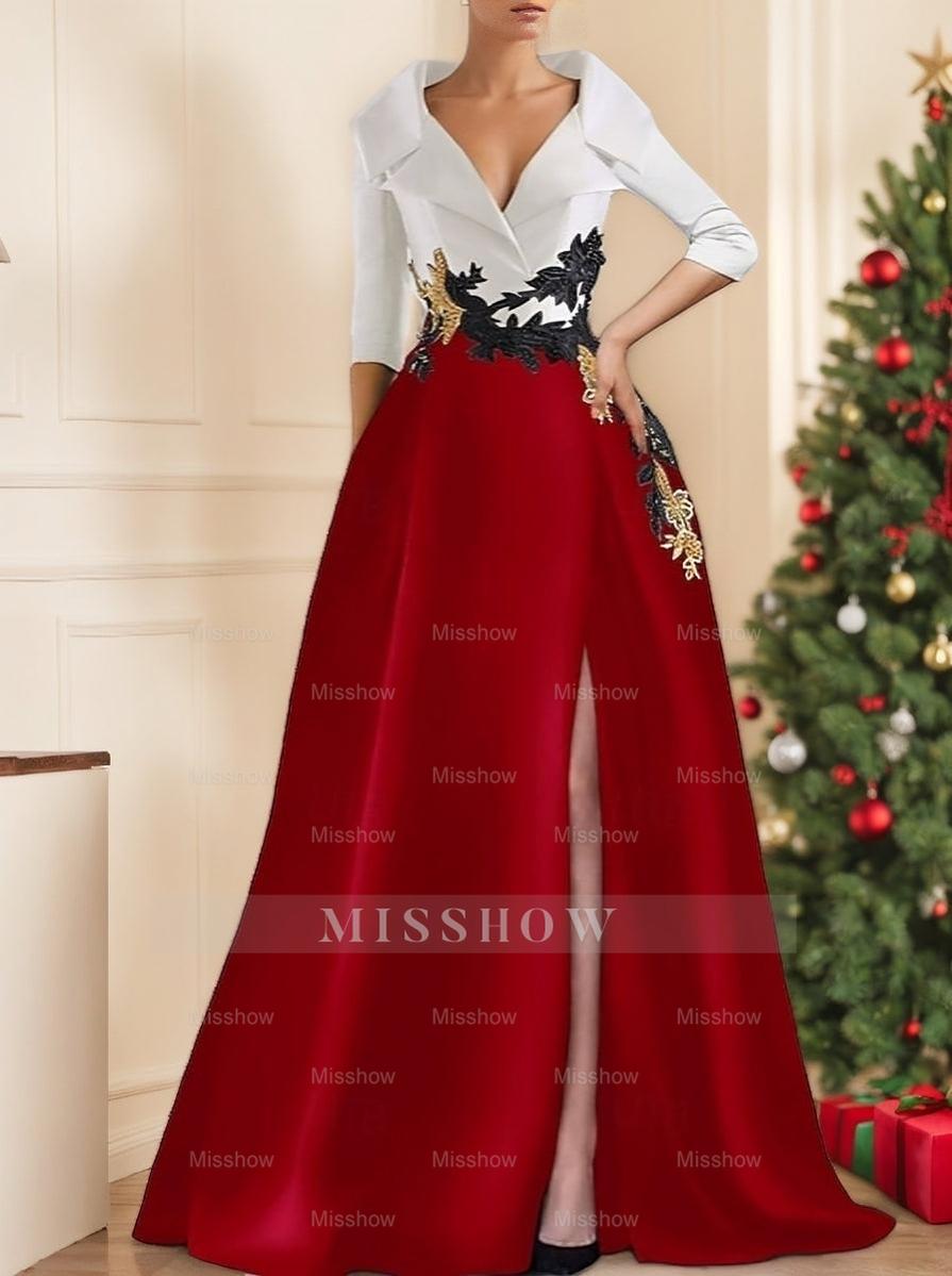 V-Neck A-Line Princess Floor-Length Mother of the Bride Dress with Side Split and Appliques