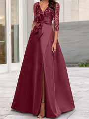 V-Neck A-Line Princess Floor-Length Mother of the Bride Gown with Side Split Ruffles and Sequined Bow(s)