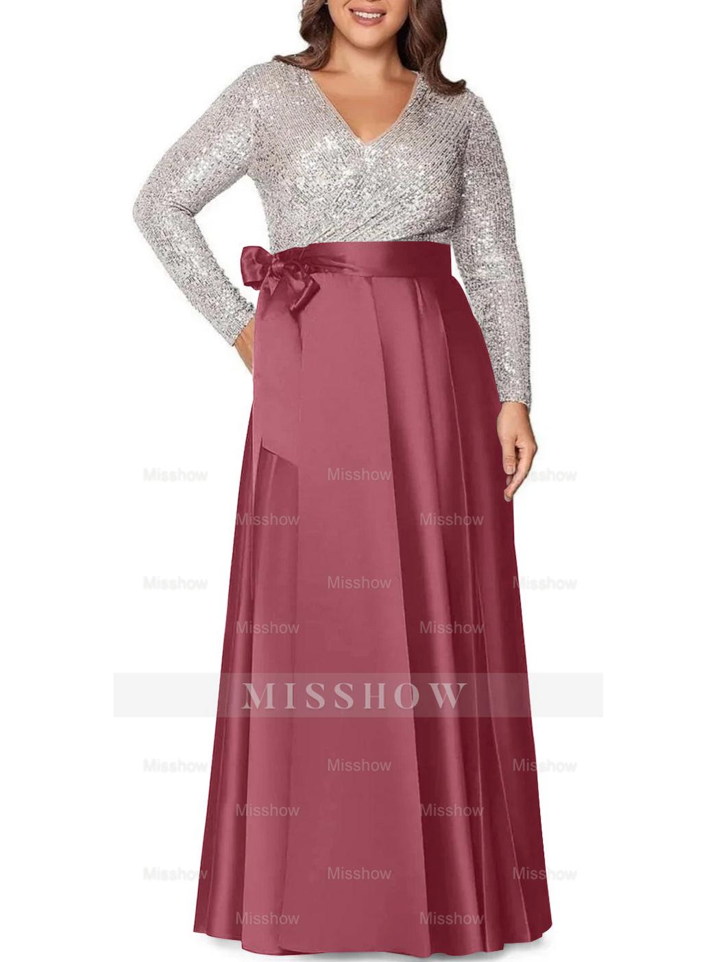 V-Neck A-Line Princess Floor-Length Plus Size Mother of the Bride Dress With Long Sleeves and Pocket Sequins