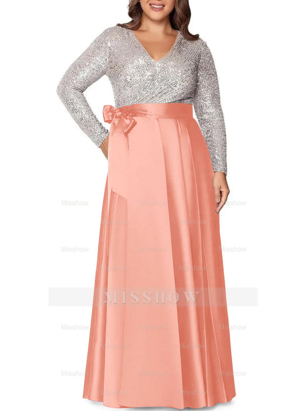 V-Neck A-Line Princess Floor-Length Plus Size Mother of the Bride Dress With Long Sleeves and Pocket Sequins