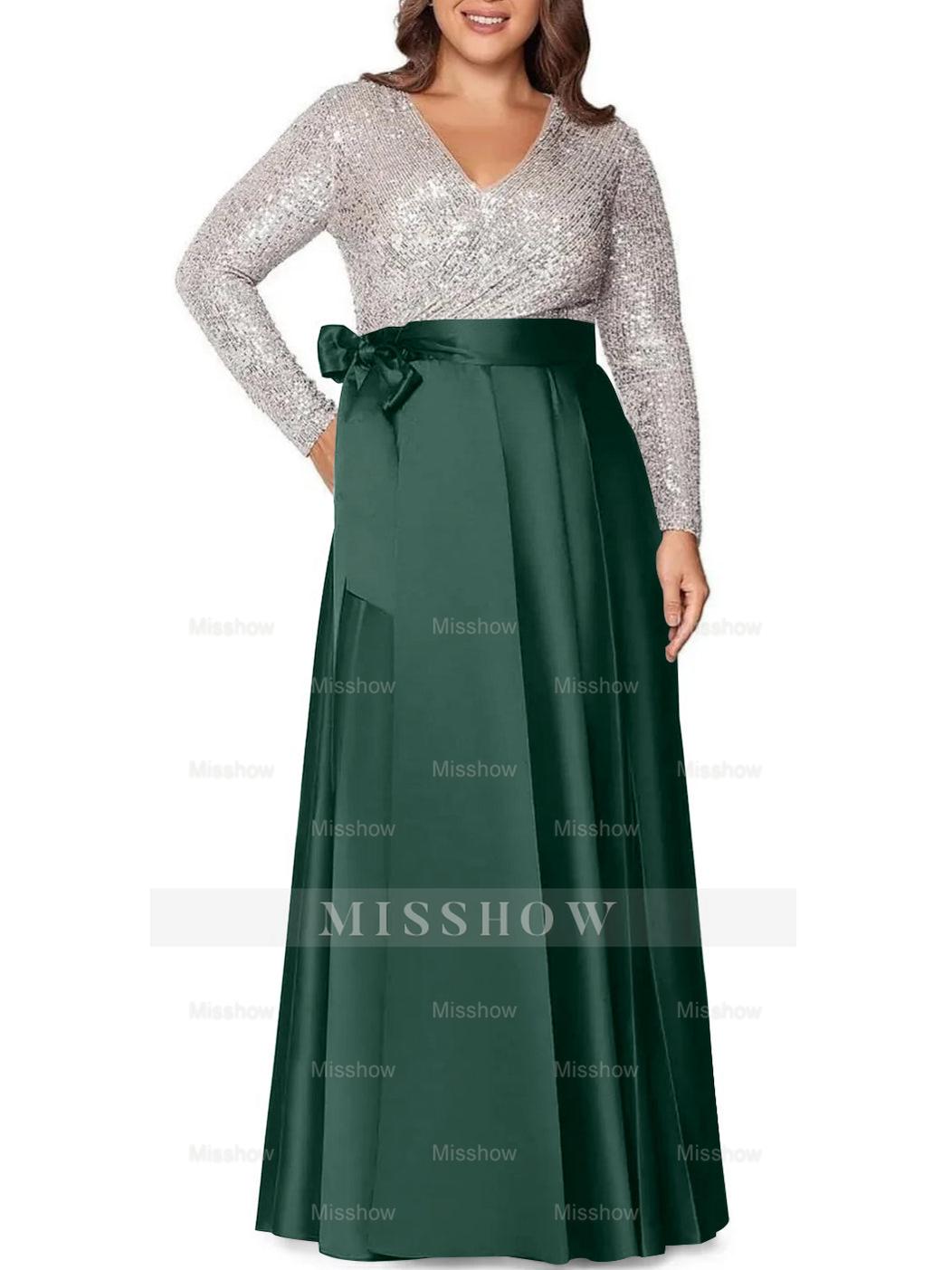 V-Neck A-Line Princess Floor-Length Plus Size Mother of the Bride Dress With Long Sleeves and Pocket Sequins