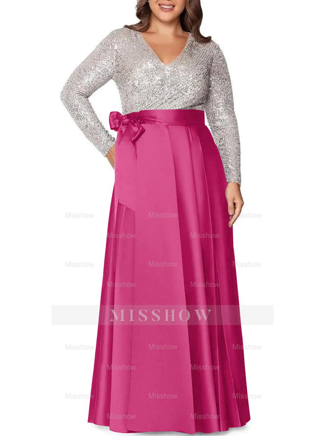 V-Neck A-Line Princess Floor-Length Plus Size Mother of the Bride Dress With Long Sleeves and Pocket Sequins