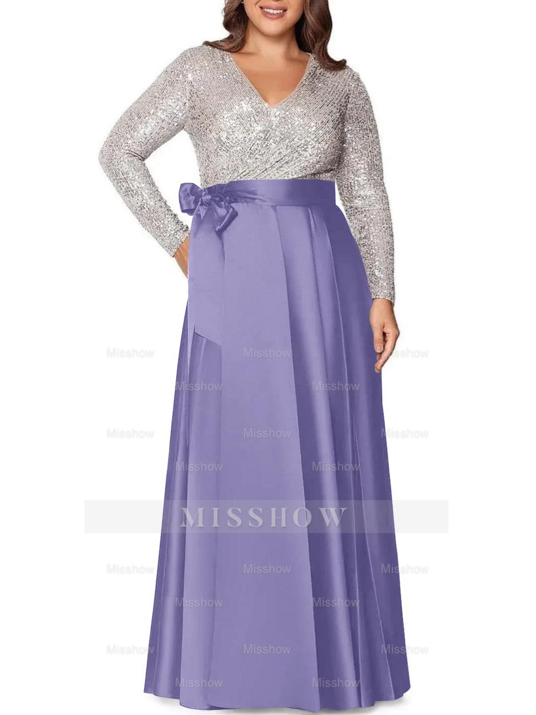 V-Neck A-Line Princess Floor-Length Plus Size Mother of the Bride Dress With Long Sleeves and Pocket Sequins