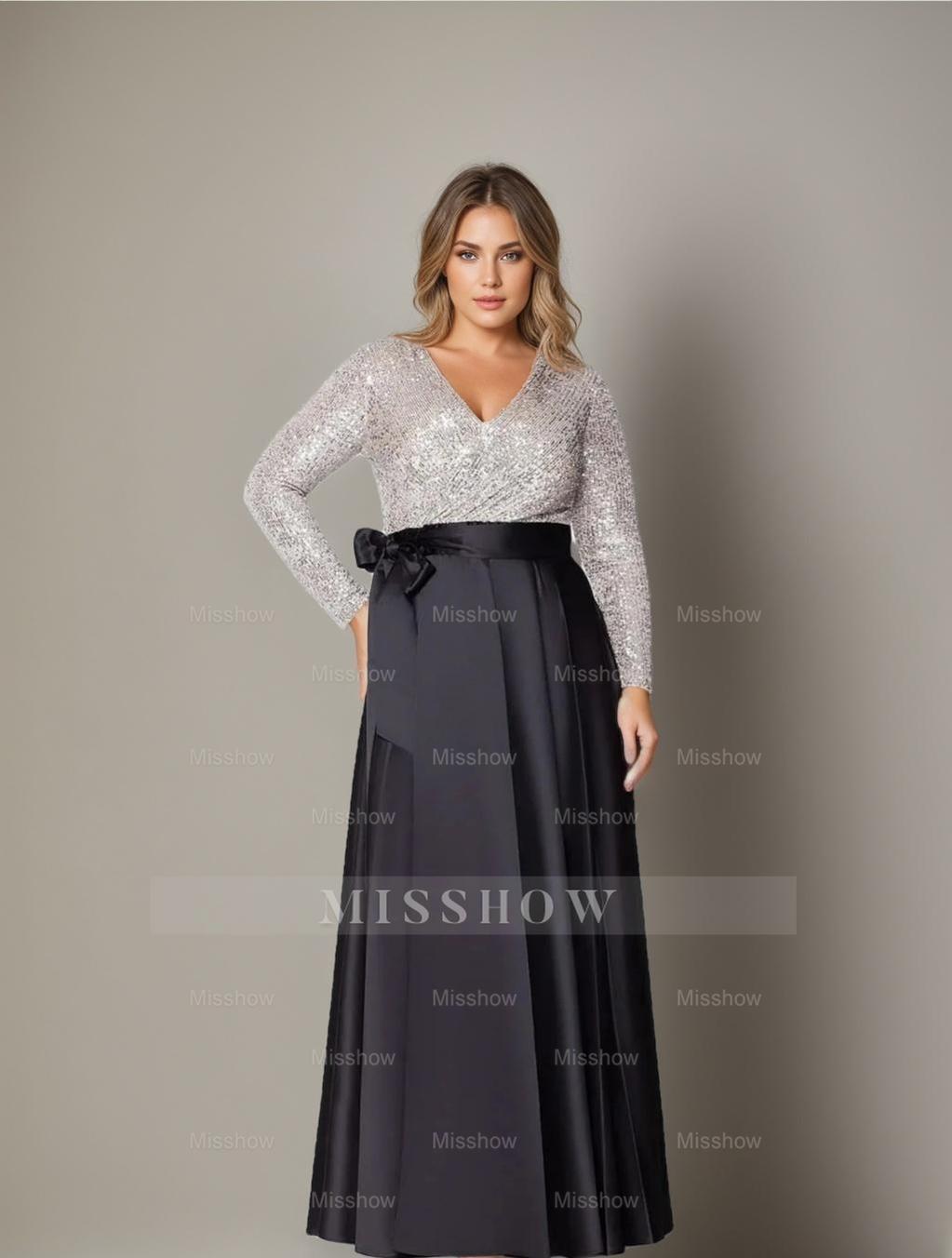 V-Neck A-Line Princess Floor-Length Plus Size Mother of the Bride Dress With Long Sleeves and Pocket Sequins