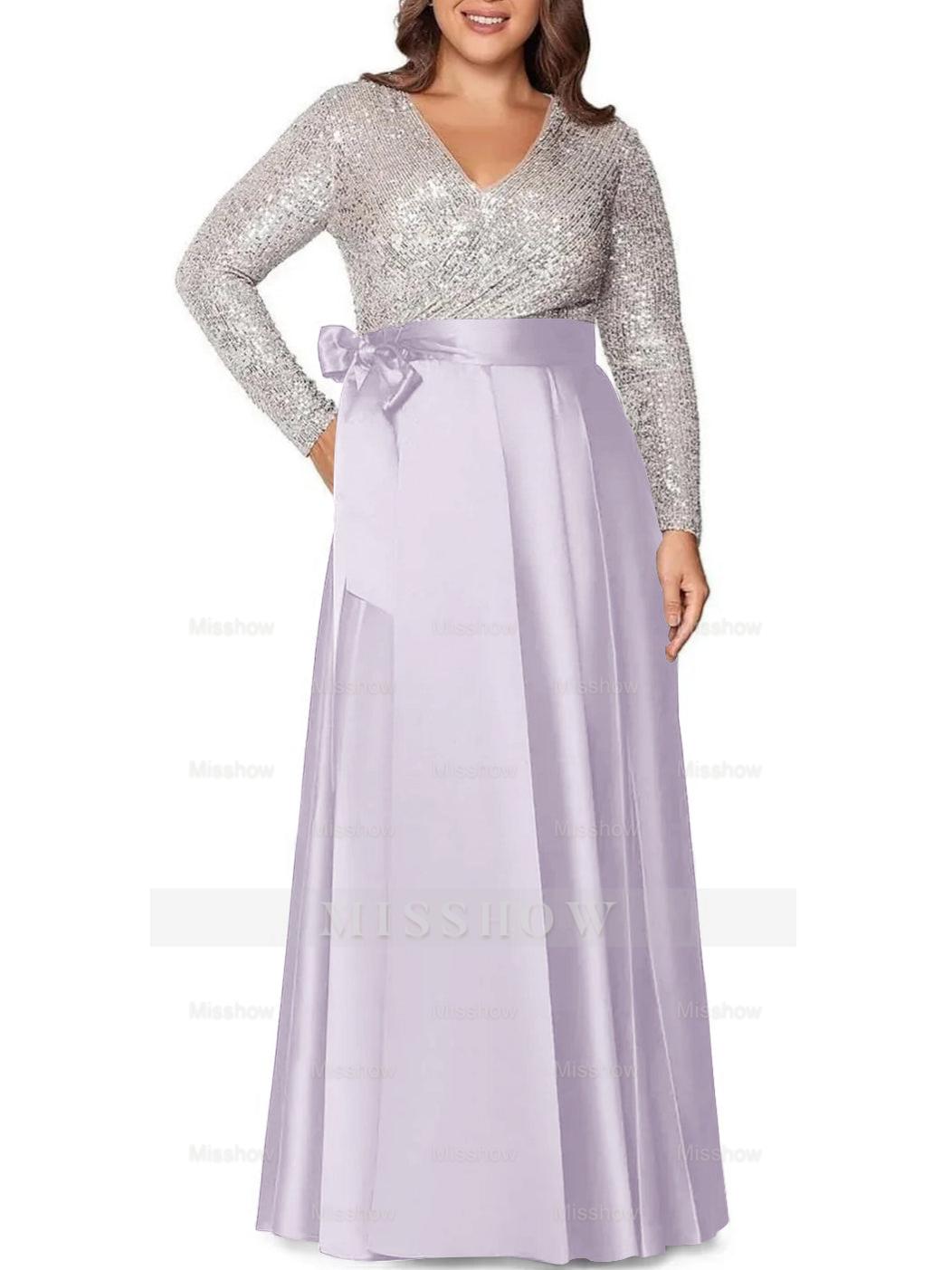 V-Neck A-Line Princess Floor-Length Plus Size Mother of the Bride Dress With Long Sleeves and Pocket Sequins