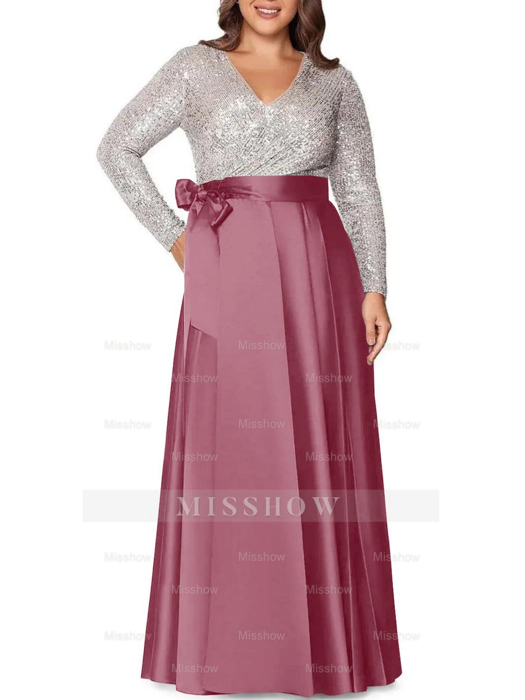 V-Neck A-Line Princess Floor-Length Plus Size Mother of the Bride Dress With Long Sleeves and Pocket Sequins