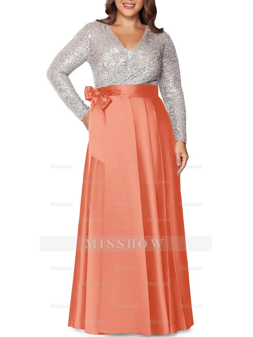 V-Neck A-Line Princess Floor-Length Plus Size Mother of the Bride Dress With Long Sleeves and Pocket Sequins