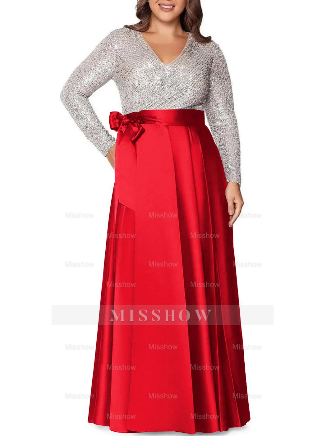 V-Neck A-Line Princess Floor-Length Plus Size Mother of the Bride Dress With Long Sleeves and Pocket Sequins