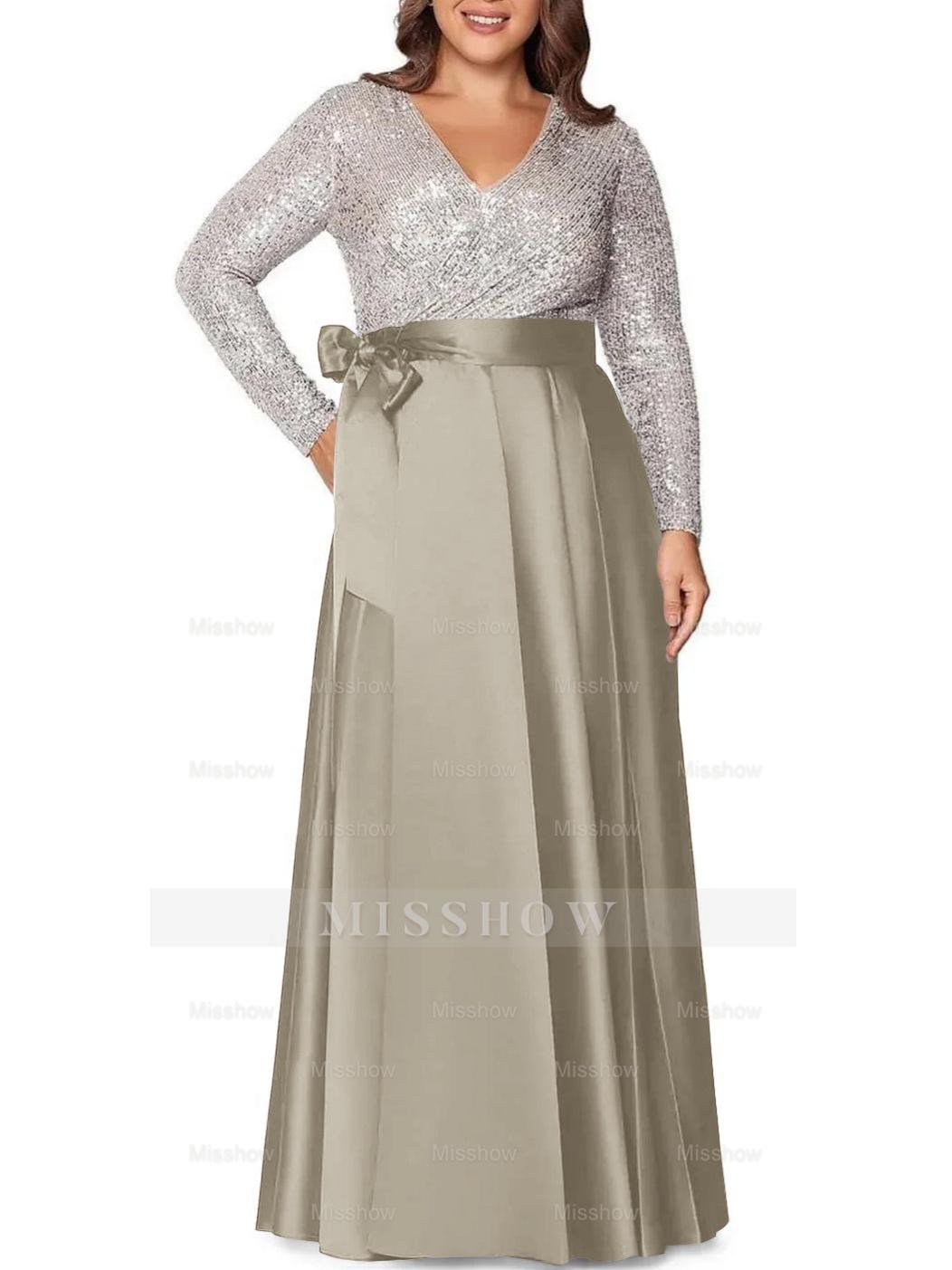 V-Neck A-Line Princess Floor-Length Plus Size Mother of the Bride Dress With Long Sleeves and Pocket Sequins