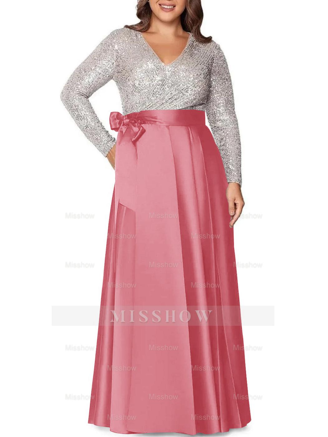 V-Neck A-Line Princess Floor-Length Plus Size Mother of the Bride Dress With Long Sleeves and Pocket Sequins