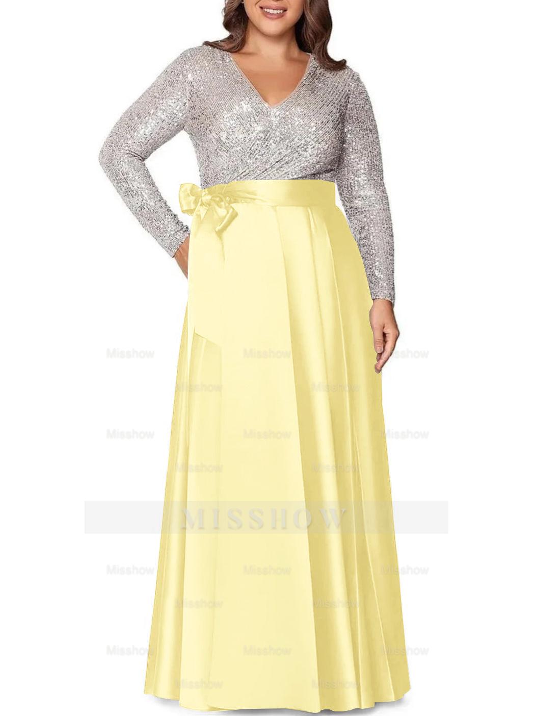 V-Neck A-Line Princess Floor-Length Plus Size Mother of the Bride Dress With Long Sleeves and Pocket Sequins