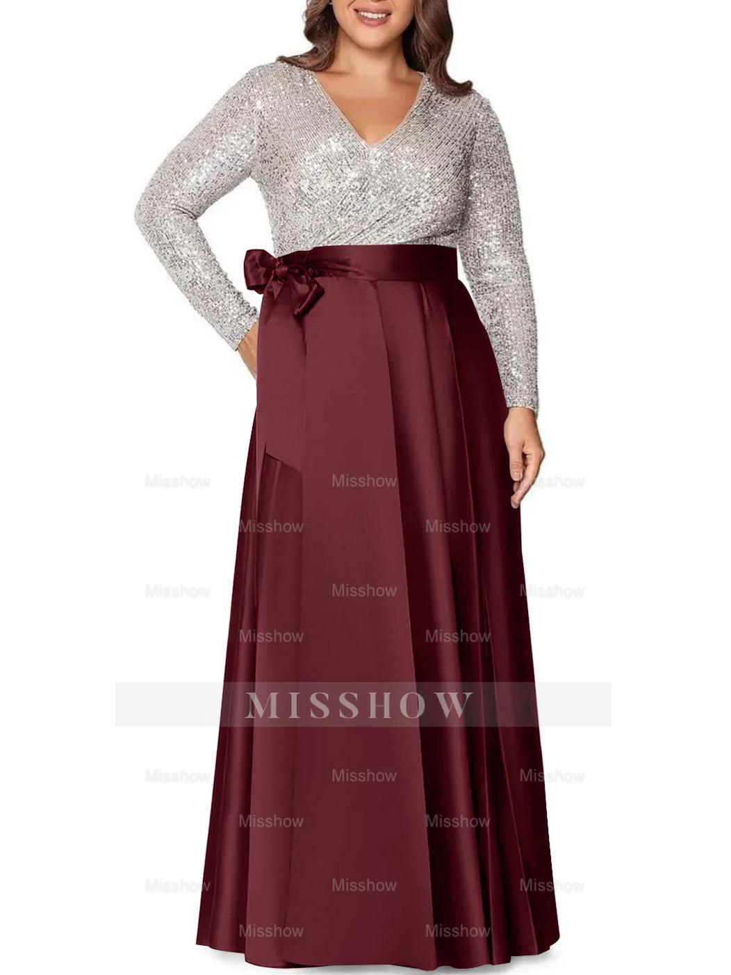 V-Neck A-Line Princess Floor-Length Plus Size Mother of the Bride Dress With Long Sleeves and Pocket Sequins