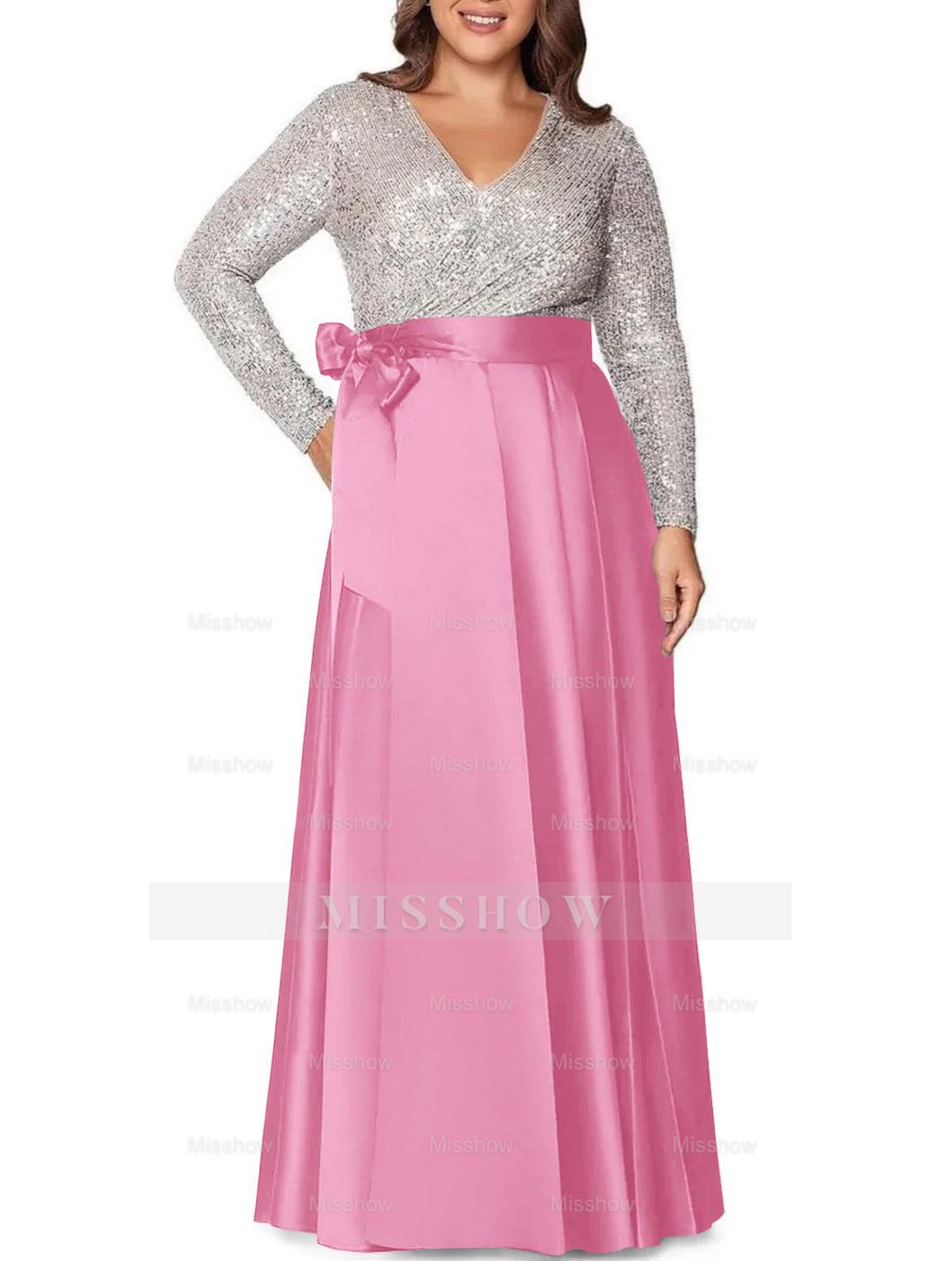 V-Neck A-Line Princess Floor-Length Plus Size Mother of the Bride Dress With Long Sleeves and Pocket Sequins