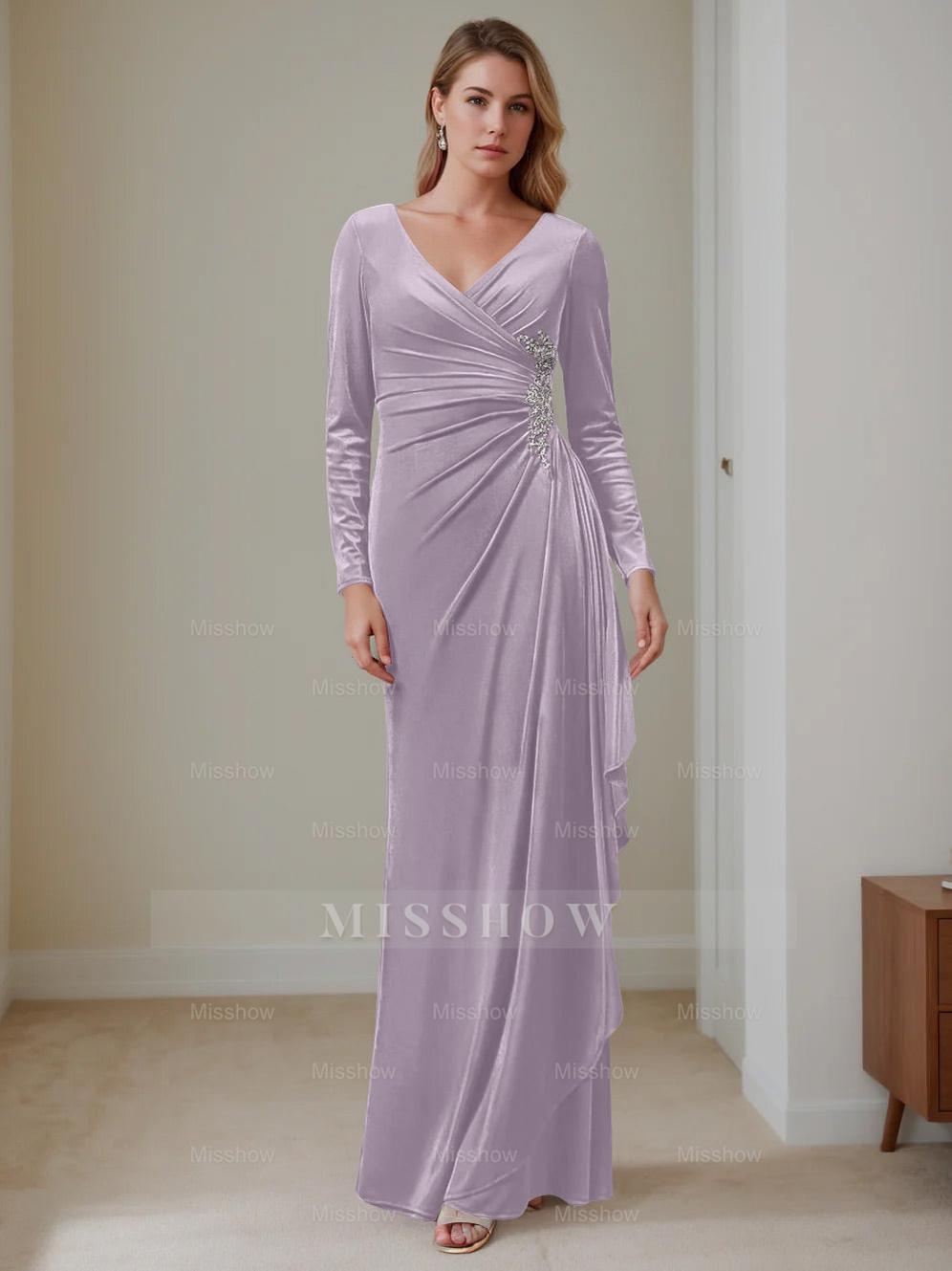 V-Neck A-Line Princess Floor-Length Velvet Mother of the Bride Dress with Ruffled Long Sleeves