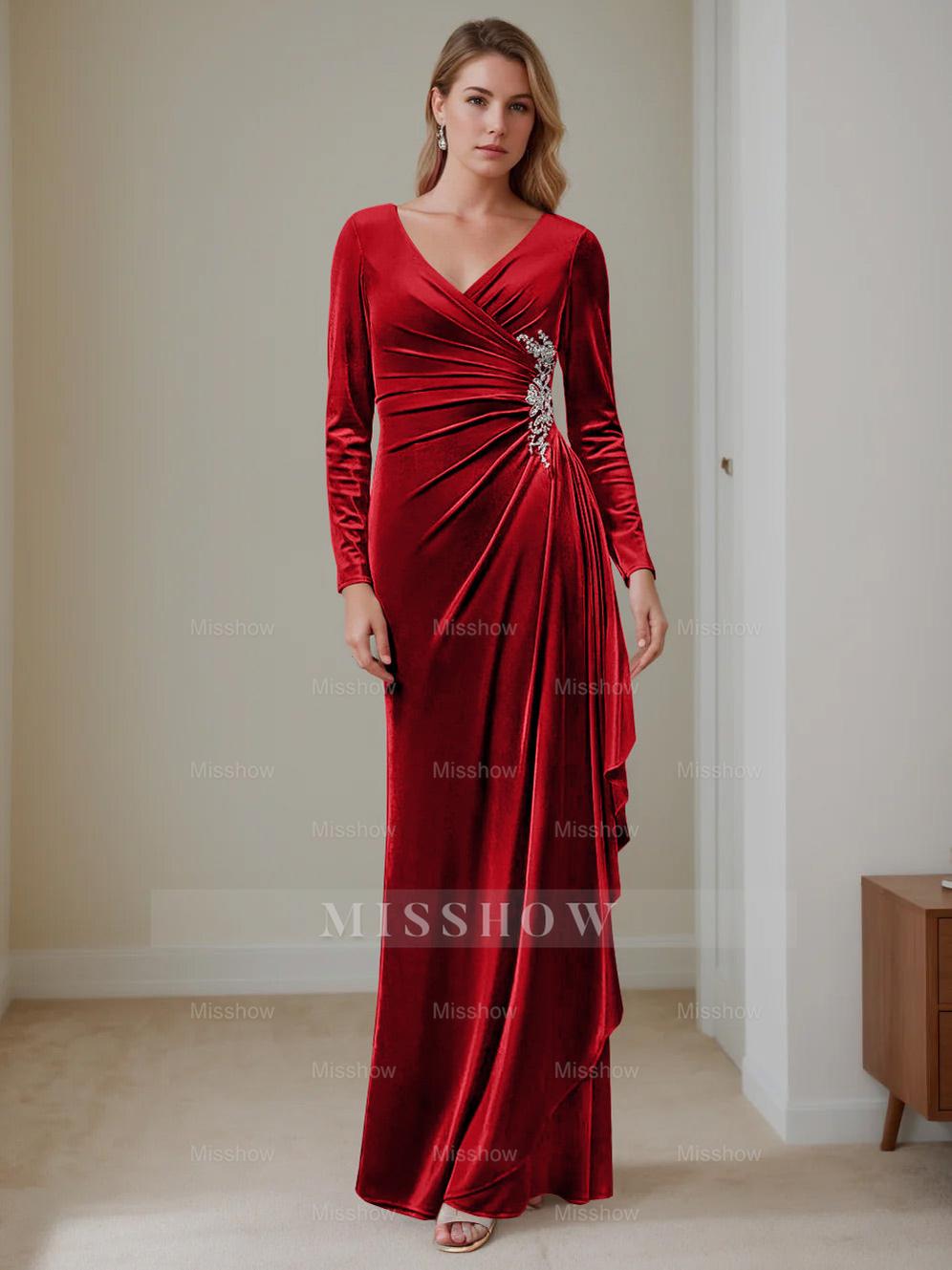 V-Neck A-Line Princess Floor-Length Velvet Mother of the Bride Dress with Ruffled Long Sleeves