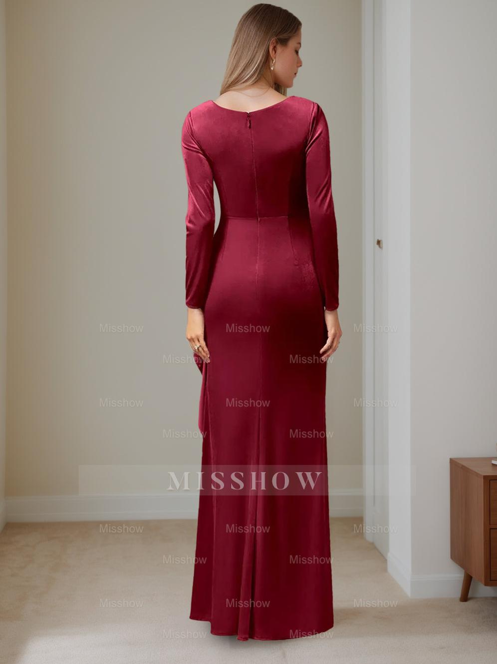 V-Neck A-Line Princess Floor-Length Velvet Mother of the Bride Dress with Ruffled Long Sleeves