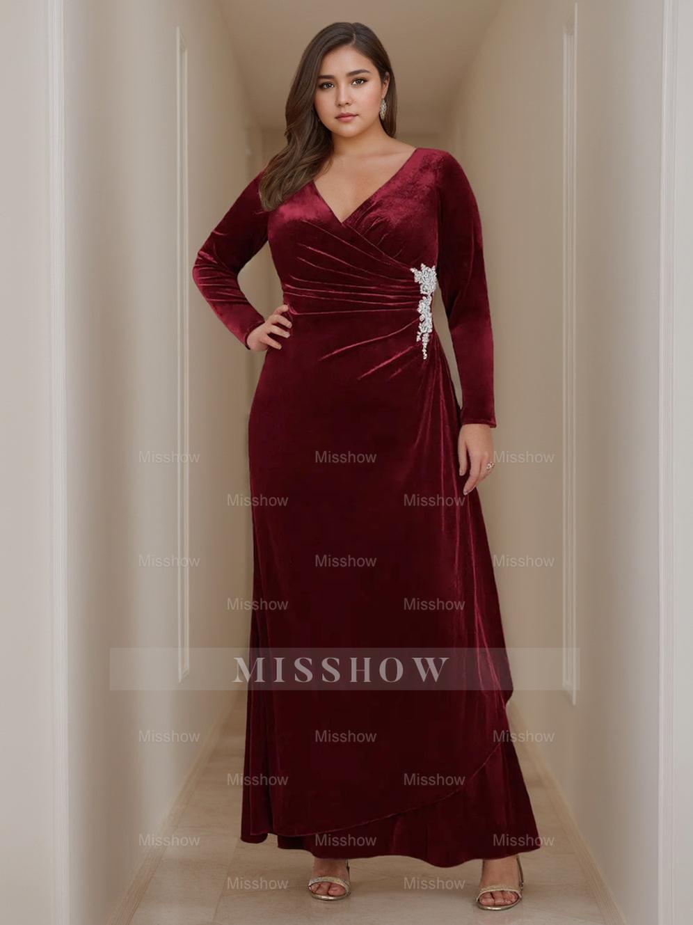 V-Neck A-Line Princess Floor-Length Velvet Mother of the Bride Dress with Ruffled Long Sleeves