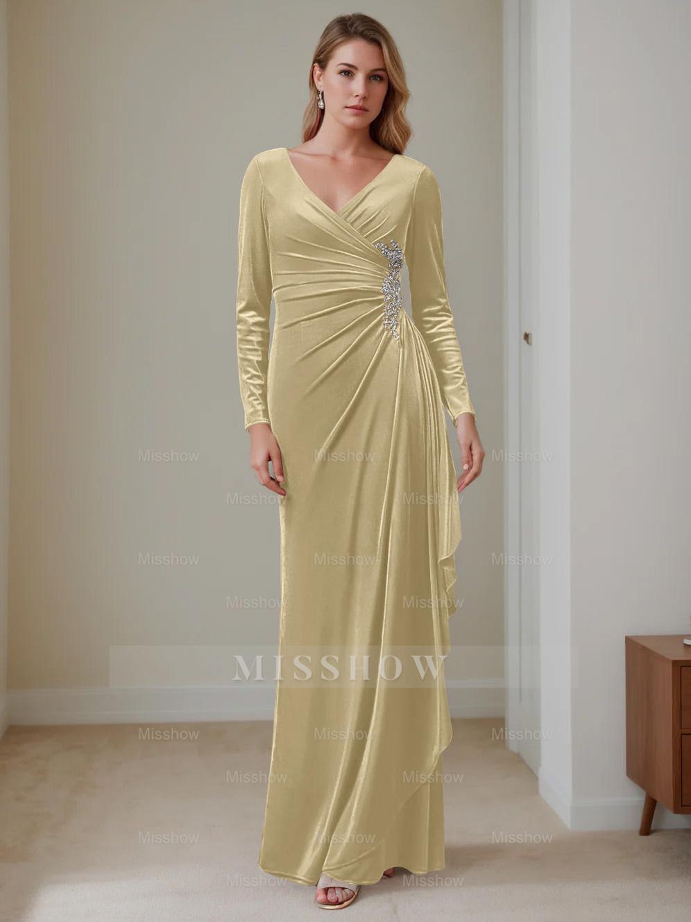 V-Neck A-Line Princess Floor-Length Velvet Mother of the Bride Dress with Ruffled Long Sleeves